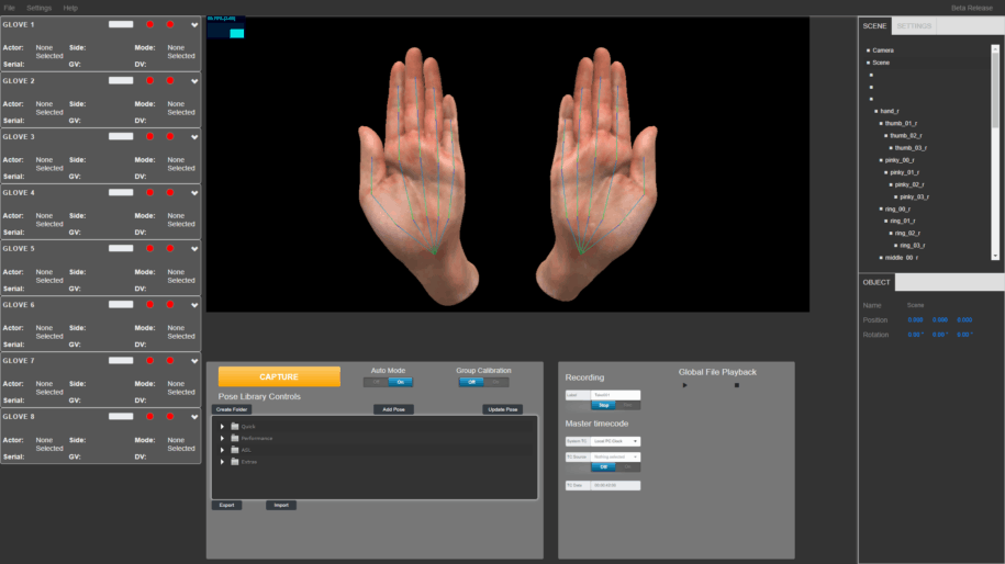 Hand Engine hand mocap software by StretchSense.