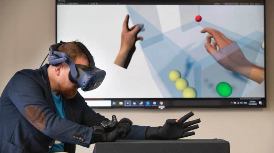 MoCap Pro glove interaction with virtual balls in Unity using the HTC Vive.