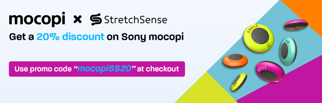 StretchSense Studio Gloves. The best hand mocap for Sony mocopi. Discount code banner image.